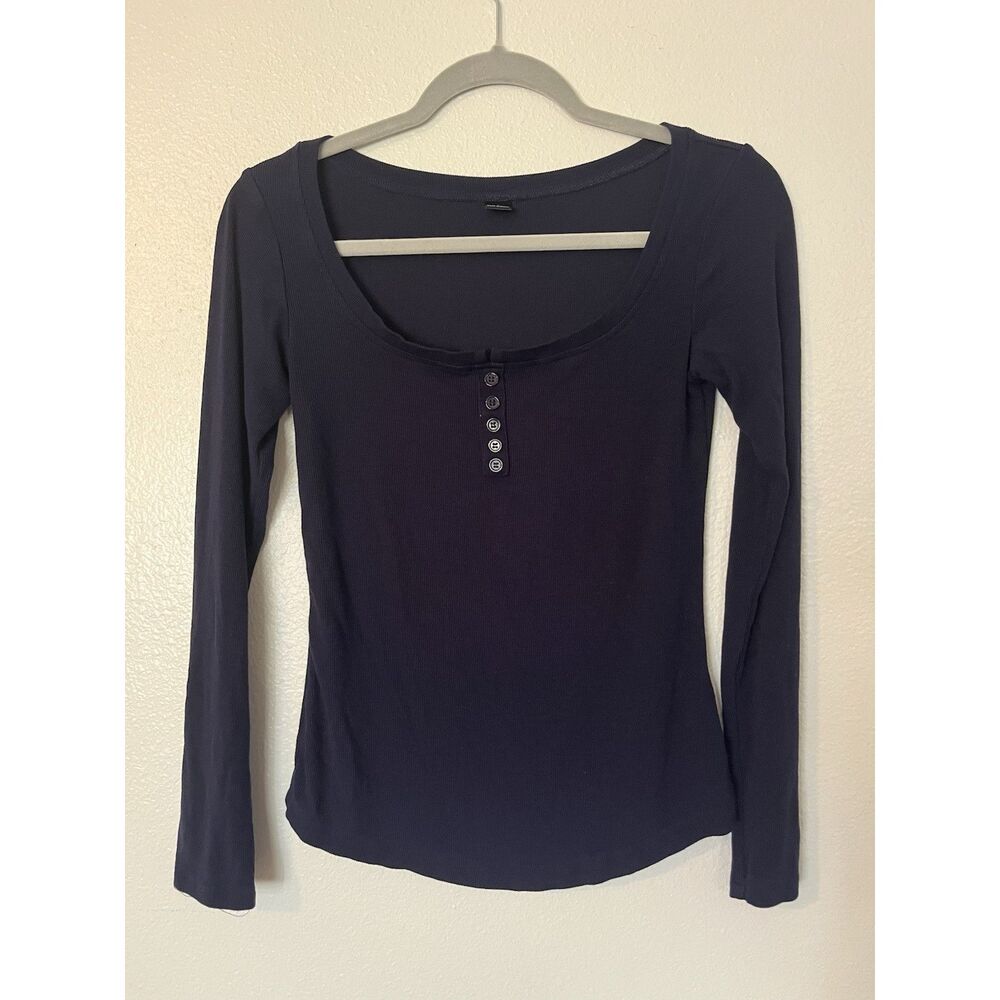 Maternity Navy Blue Ribbed Scoop Neck Long Sleeve Button Top S